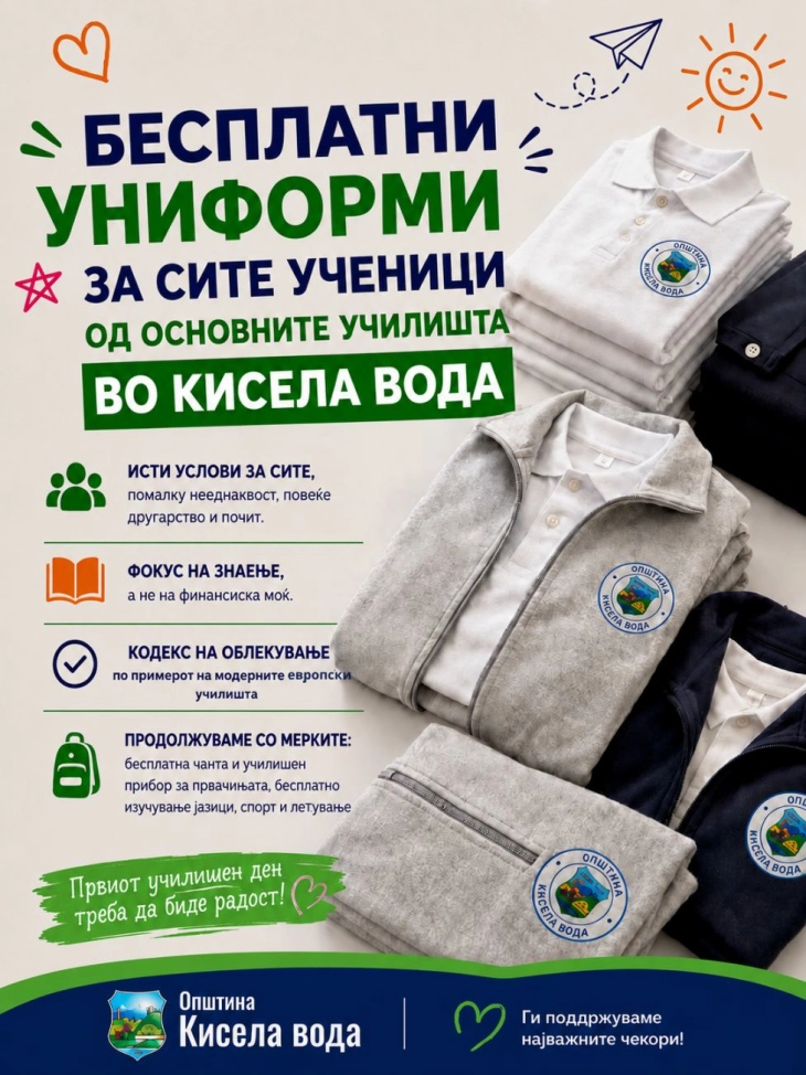 Општина Кисела Вода обезбеди бесплатни униформи за сите 5500 ученици од основните училишта