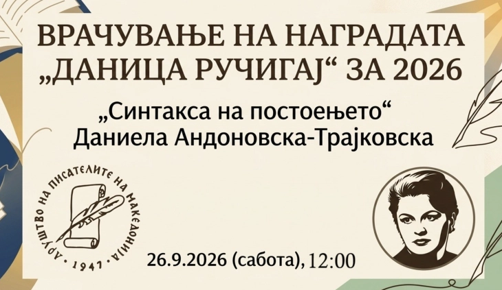 Врачување на наградата „Даница Ручигај“ на ДПМ за 2026 година